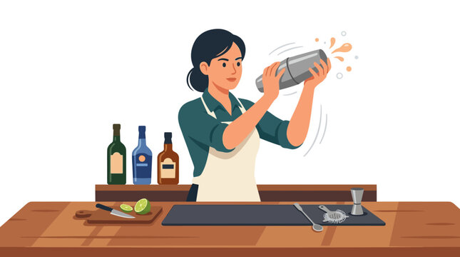 Female bartender shaking cocktail at wooden bar counter