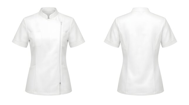 White Dental Clinic Tunic with Asymmetric Side Zipper and Pockets - Front and Back Mockup