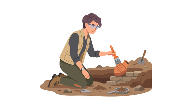 Female archaeologist excavating pottery in dry desert landscape.