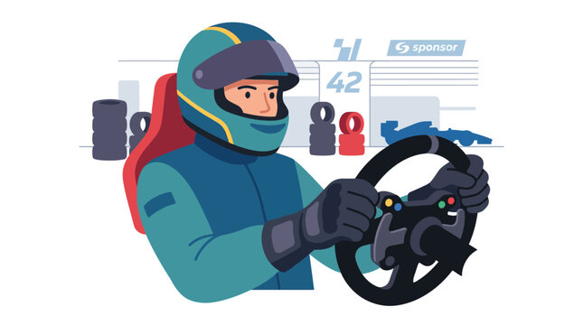 Professional race car driver in helmet holding steering wheel.
