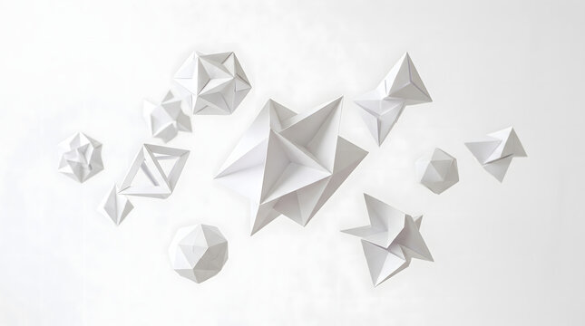 Abstract composition of white geometric paper origami shapes on a clean white background.