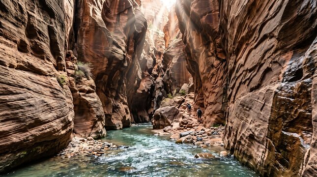 Sunlight streaming through narrow red rock canyon walls over shallow river water stream in wilderness