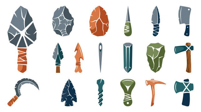 Prehistoric Stone Age Tools Flat Vector Set: Primitive Weapons, Axes, Knives, Spearheads  Artifacts