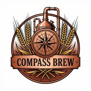 Craft beer brewery logo design with vintage compass and wheat. Rustic emblem for microbrewery branding and packaging identity.