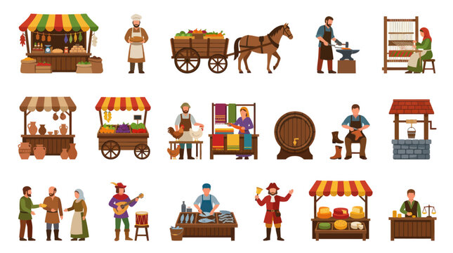 Medieval Trades Flat Illustration Set: Market Stalls, Craftsmen, and Historical Daily Life