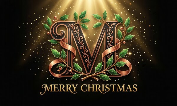 Merry Christmas festive holiday logo design with golden M and wreath. Elegant luxury monogram emblem for greeting cards and seasonal branding projects