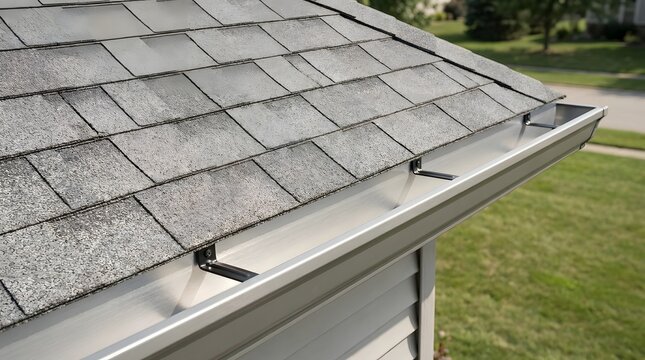 Close up view of a residential roof edge featuring asphalt shingles and metal rain gutters with hangers