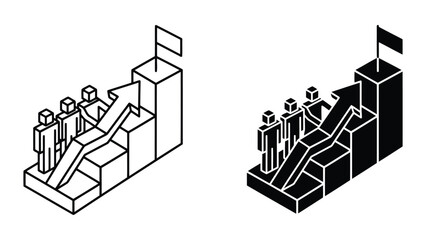Fototapeta premium Team career advancement isometric line art and silhouette icon set with business