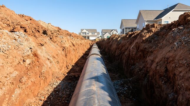 Deep trench excavation for underground utility pipe installation at a new residential construction site during the day