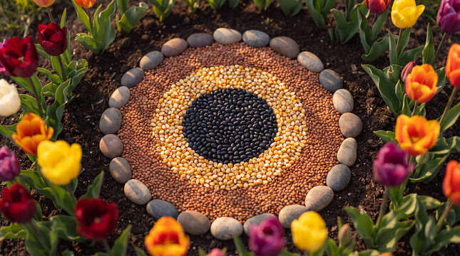 A creative mandala made of black beans, yellow corn, and lentils arranged in a circle, surrounded by vibrant blooming tulips in a spring garden.