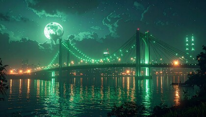 Fototapeta premium Ethereal Green Cityscape - Illuminated Bridge Under a Glowing Moon.