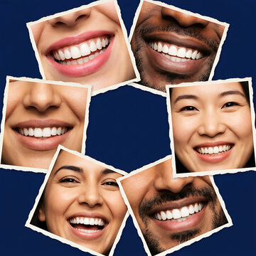 Six smiling faces in blue collage with white borders smile