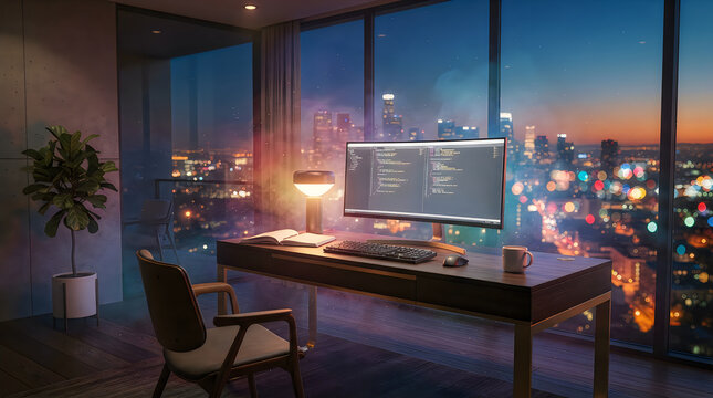 Modern home office workspace with computer coding on screen overlooking city skyline at night