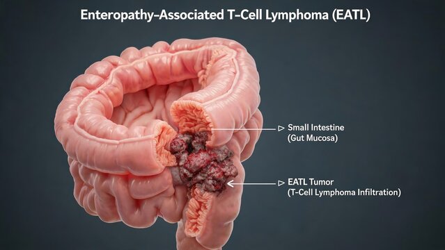 Labeled 3D anatomical render of Enteropathy-Associated T-Cell Lymphoma (EATL), small intestine anatomy displaying EATL tumor and T-cell lymphoma infiltration, medical pathology graphic