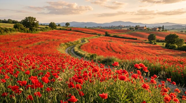 Winding dirt path meanders through a vibrant red poppy field under a picturesque sunset sky, showcasing natural beauty