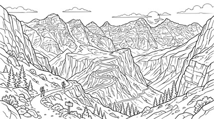 Fototapeta premium Mountain landscape coloring page with hikers and winding road