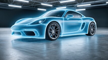 Naklejka premium Futuristic Blue Holographic Sports Car Wireframe Model in Modern Garage with Neon Lighting