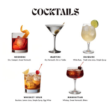 Classic Cocktail Drinks Menu Set Isolated on Transparent Background