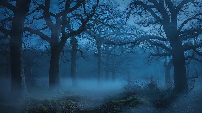 Eerie dark forest landscape with thick fog during a blue night