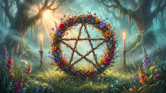 A mystical pentacle made of woven branches and vibrant flowers floats in a magical sunlit forest with glowing candles, evoking pagan and wiccan themes.