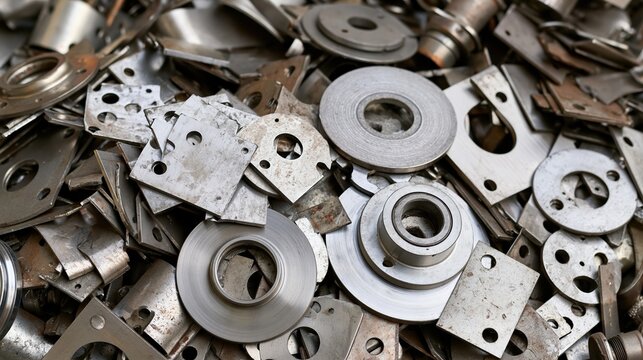 Close-up of Industrial Metal Scrap Parts and Fasteners, Ready for Recycling or Manufacturing