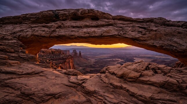 Breathtaking Golden Hour View Through The Natural Stone Arch In The Rugged Desert Landscape