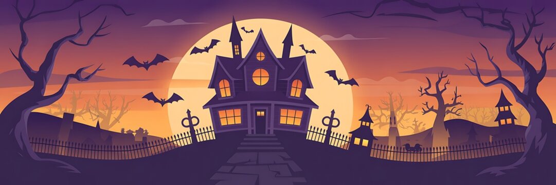 Spooky haunted house with bats and full moon for halloween night