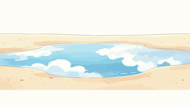 Serene water puddle reflecting fluffy clouds on sandy ground, soft pastel landscape illustration with calm