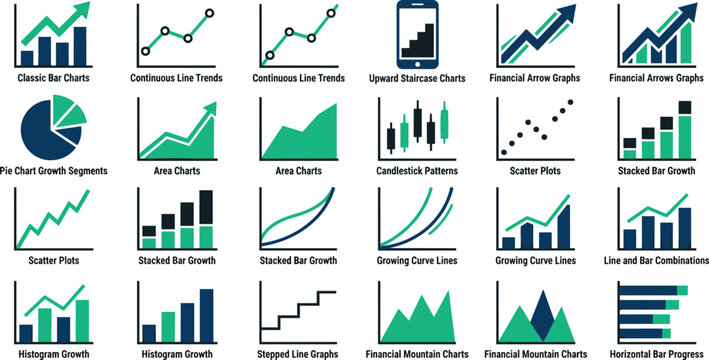Set of financial charts, growth graphs, bar charts, and analytics vector icons.
