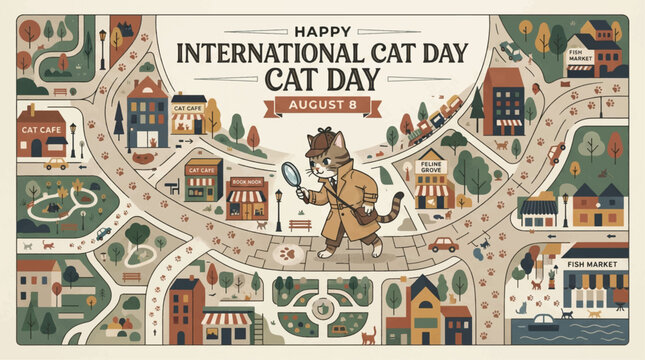 Vintage International Cat Day poster, retro detective cat character in city map illustration, August 8 holiday banner with buildings and trees