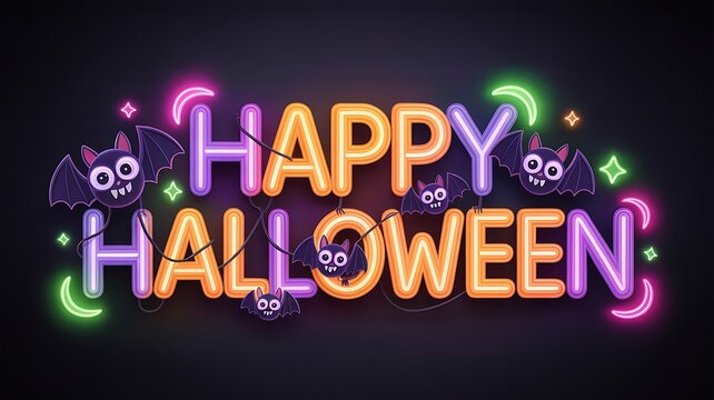 Colorful neon sign saying happy halloween with cute ghost character decorations