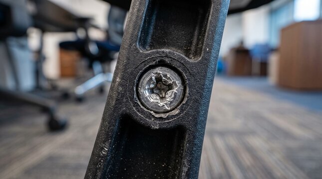 Close-up of a Torx screw on a black metal office chair leg, with a blurred office background.