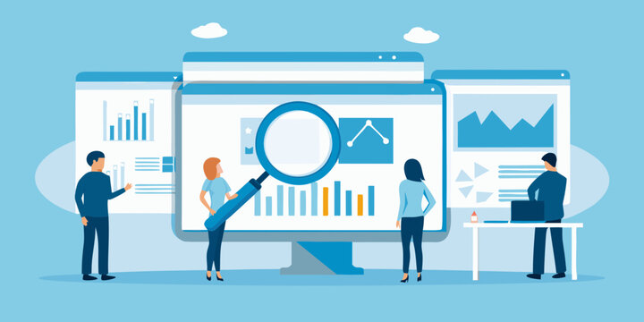 team analyzing data on computer screens flat vector analysis illustration analytics chart graph magnifying glass collaboration workplace business statistics visual interface monitor people