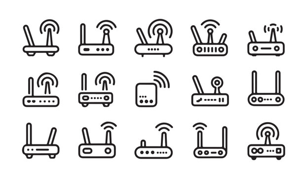 Collection of modern flat icons representing wifi routers and wireless network signals on white background.