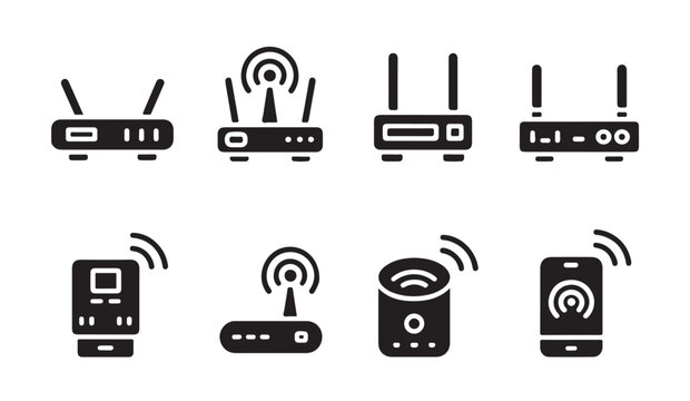 Collection of modern icons representing wifi routers, smart speakers, and mobile devices.