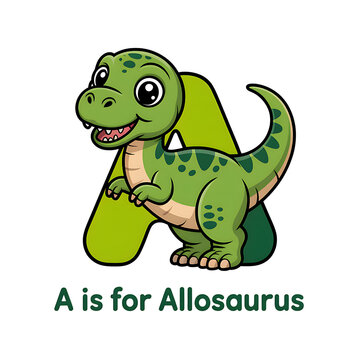 Cute cartoon allosaurus dinosaur with the letter a isolated on transparent background