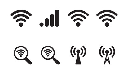 Collection of eight wifi signal strength, cell tower and magnifying glass with wifi symbol icons. © RANA