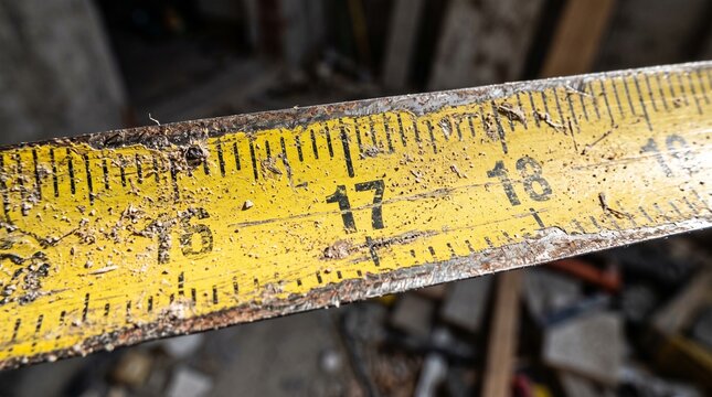 Close-up of a weathered and dirty yellow measuring tape with visible numbers 16, 17, and 18, showing signs of heavy use and wear.