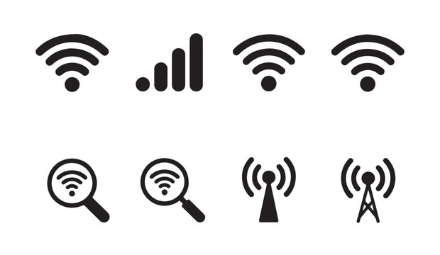 Collection of eight wifi signal strength, cell tower and magnifying glass with wifi symbol icons.