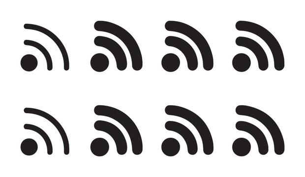 Set of eight different wifi signal icons in black, depicting varying strengths of wireless network.