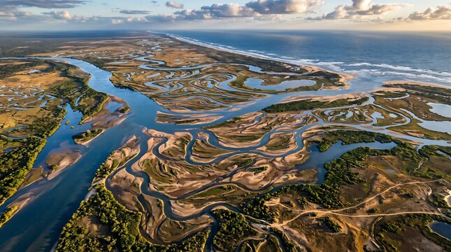 Aerial view of a winding river system flowing into the ocean on a sunny day