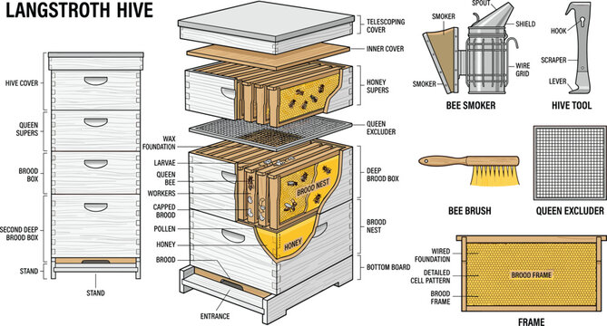 Langstroth Beehive Structure Technical Diagram Vector with Beekeeping Tools and Hive Components Breakdown