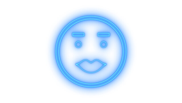 Colorful neon icon of a whistling or kissing emoji face with round eyes and eyebrows for creative web design projects isolated on transparent background.