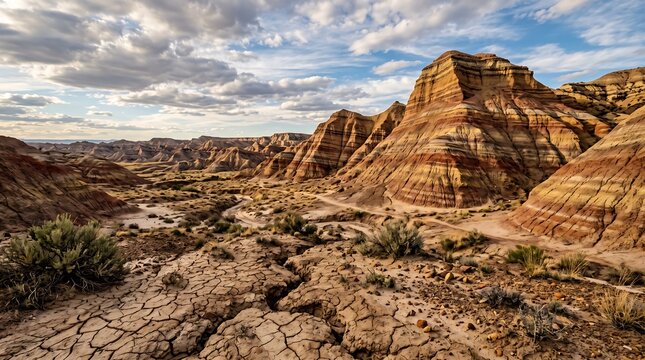 Panoramic View of Layered Rock Formations in a Vast Desert Landscape under a Dynamic Cloudy Sky