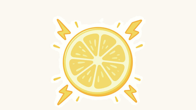 Vibrant cartoon lemon slice with radiating lightning bolts and glowing rays on clean white background