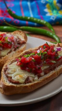 Close up of homemade molletes with colorful pico de gallo salsa