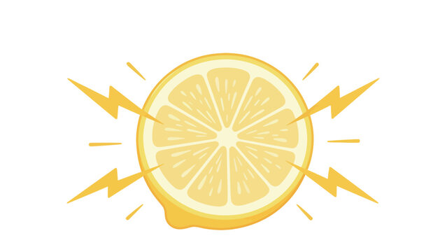 Vibrant cartoon lemon slice with yellow lightning bolts radiating outward, isolated on white background.