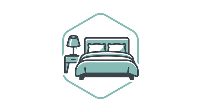 Minimalist bedroom interior icon within hexagonal frame