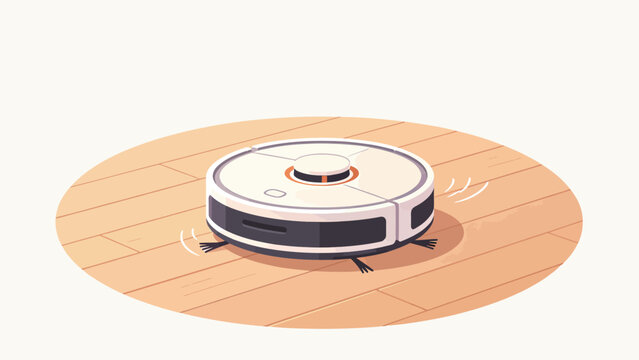 Modern white robotic vacuum cleaner with spinning brushes cleaning wooden floor