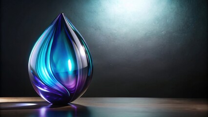 Fototapeta premium A teardrop-shaped glass art piece with swirling blue and purple hues, elegantly displayed on a dark surface under soft light.